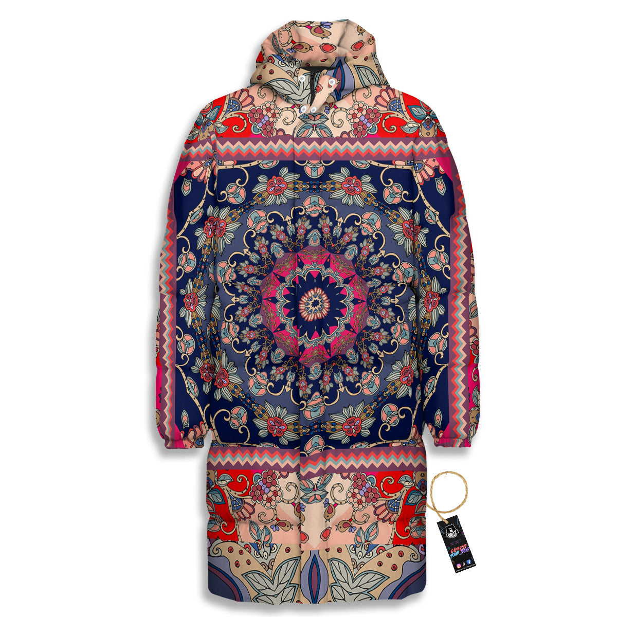 Ethnic Patchwork Square Print Long Down Jacket-grizzshop