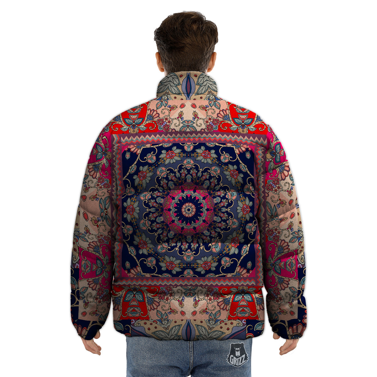 Ethnic Patchwork Square Print Puffer Jacket-grizzshop