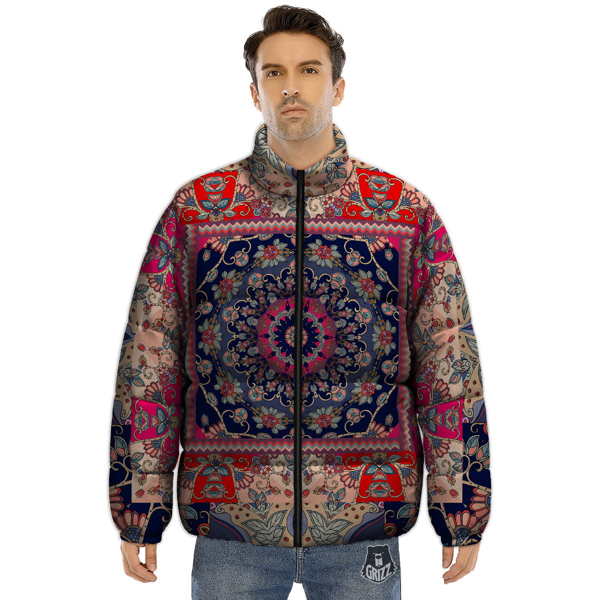 Ethnic Patchwork Square Print Puffer Jacket-grizzshop