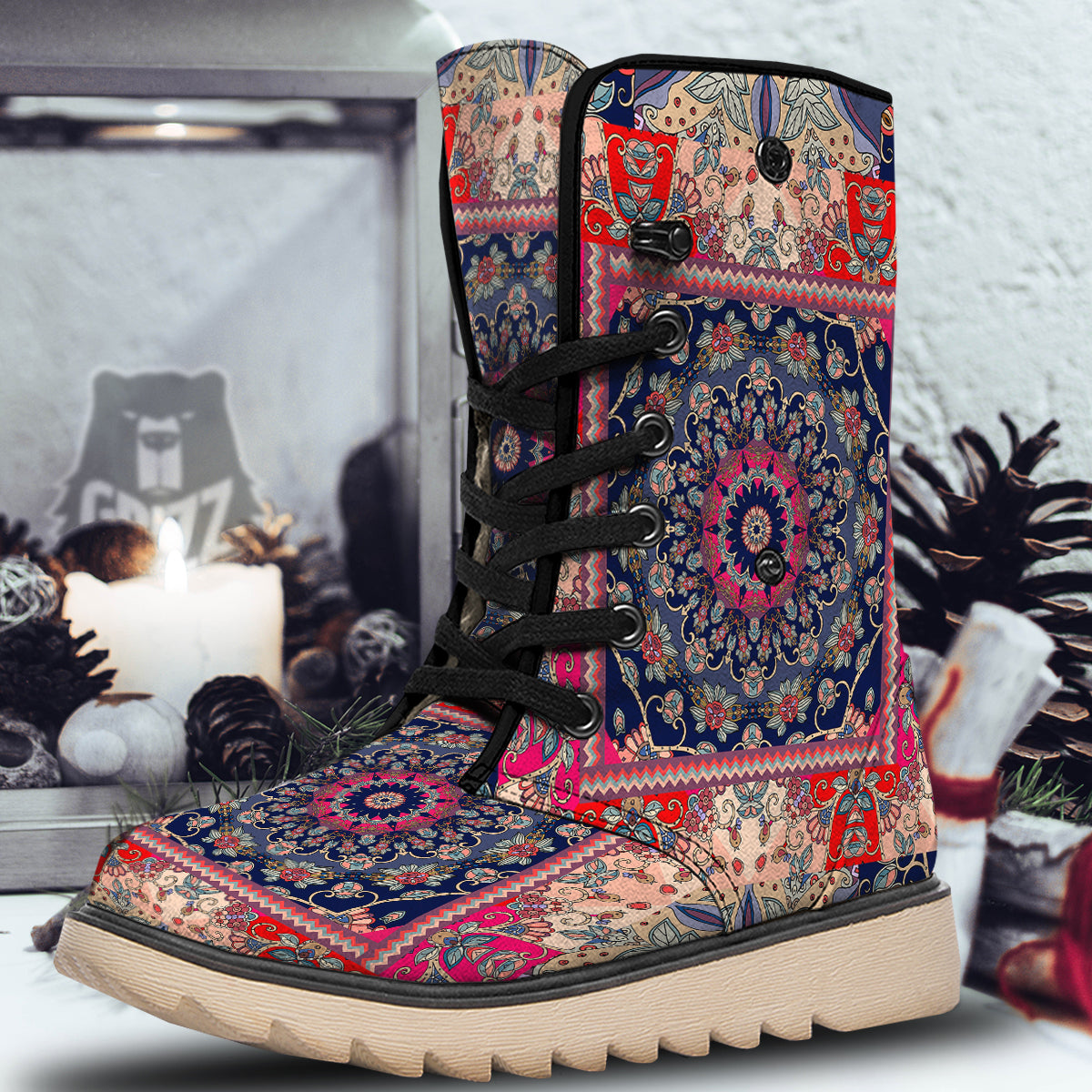 Ethnic Patchwork Square Print Snow Boots-grizzshop