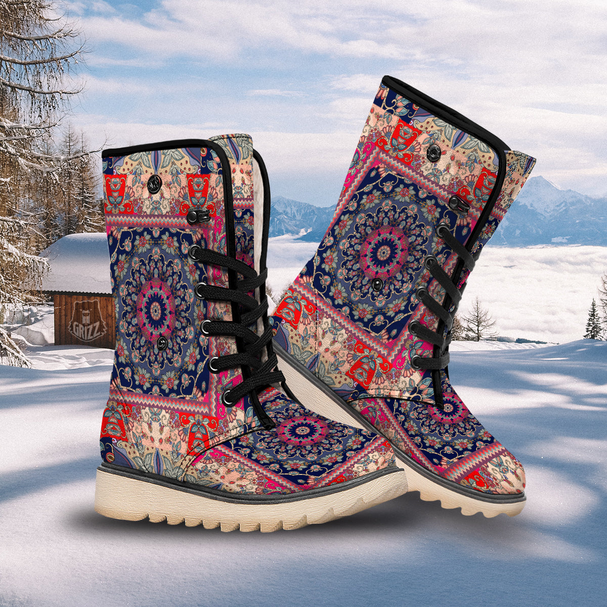Ethnic Patchwork Square Print Snow Boots-grizzshop