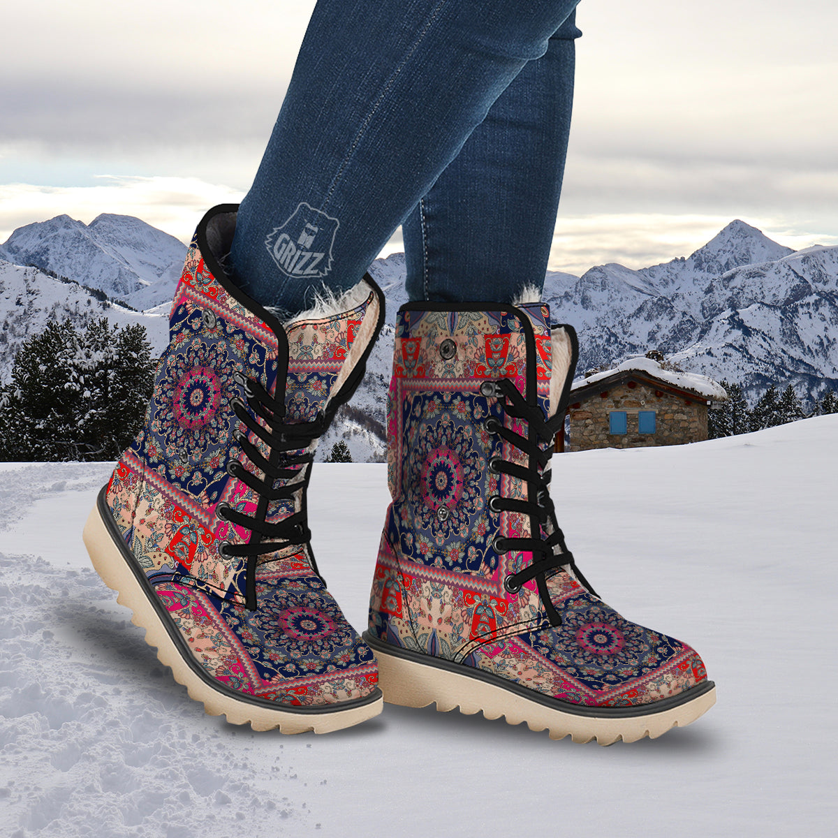 Ethnic Patchwork Square Print Snow Boots-grizzshop