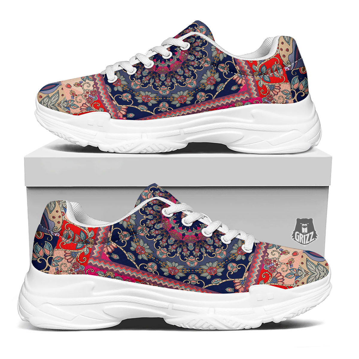 Ethnic Patchwork Square Print White Chunky Shoes-grizzshop