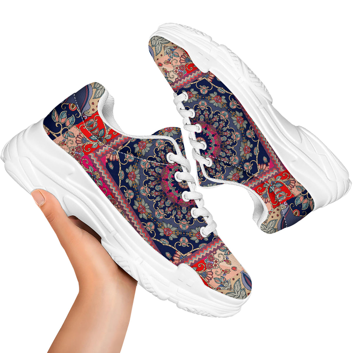 Ethnic Patchwork Square Print White Chunky Shoes-grizzshop