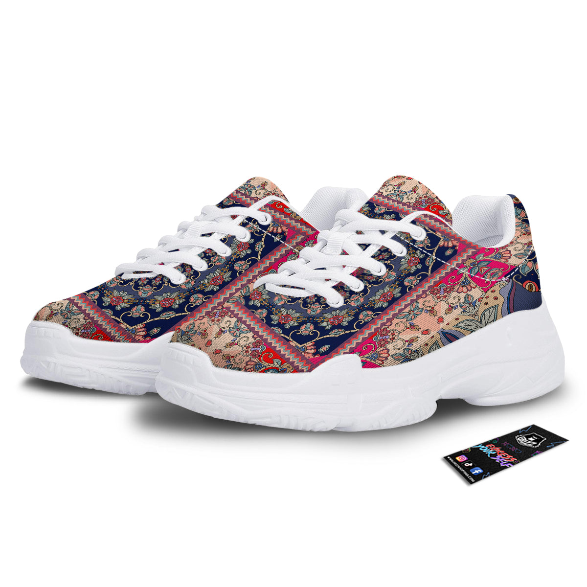 Ethnic Patchwork Square Print White Chunky Shoes-grizzshop