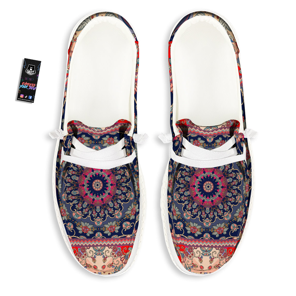 Ethnic Patchwork Square Print White Loafers-grizzshop