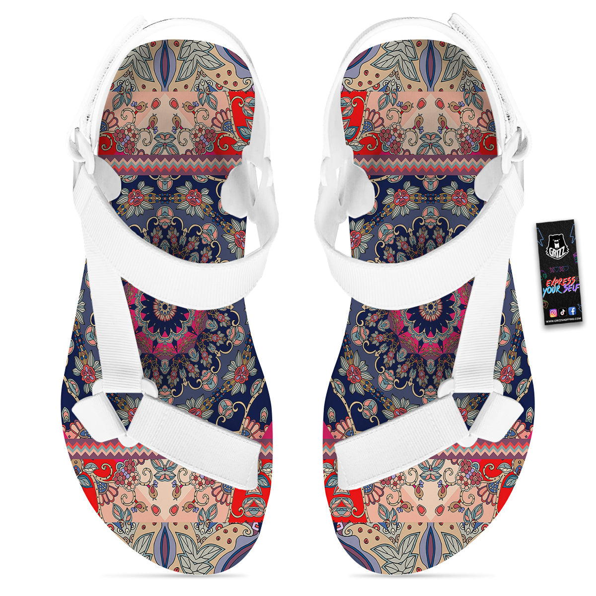 Ethnic Patchwork Square Print White Open Toe Sandals-grizzshop