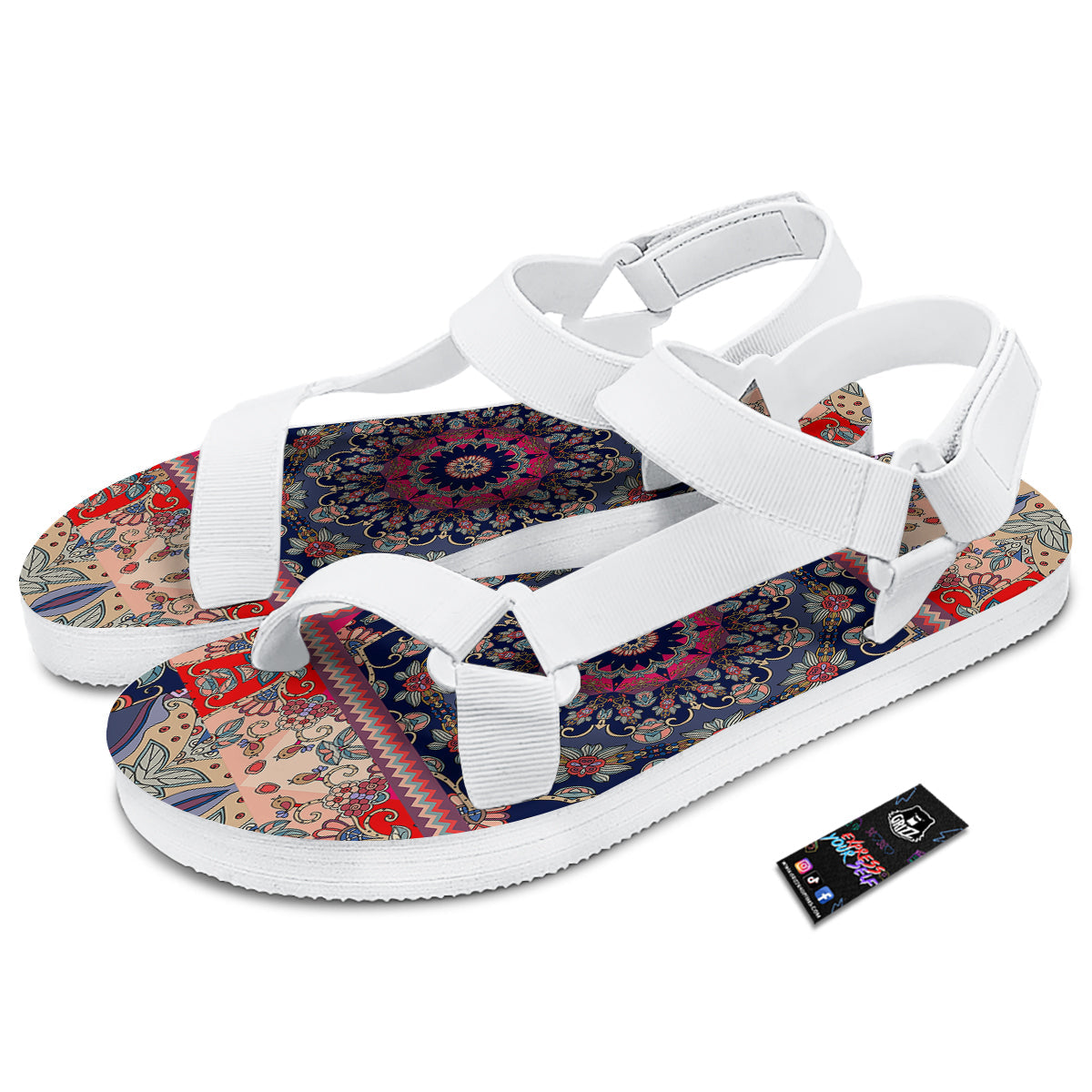 Ethnic Patchwork Square Print White Open Toe Sandals-grizzshop