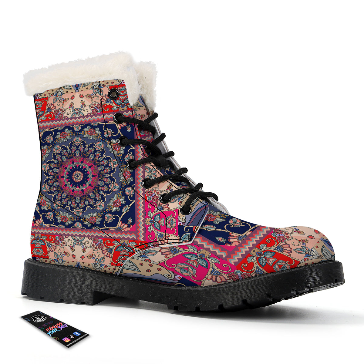 Ethnic Patchwork Square Print Winter Boots-grizzshop
