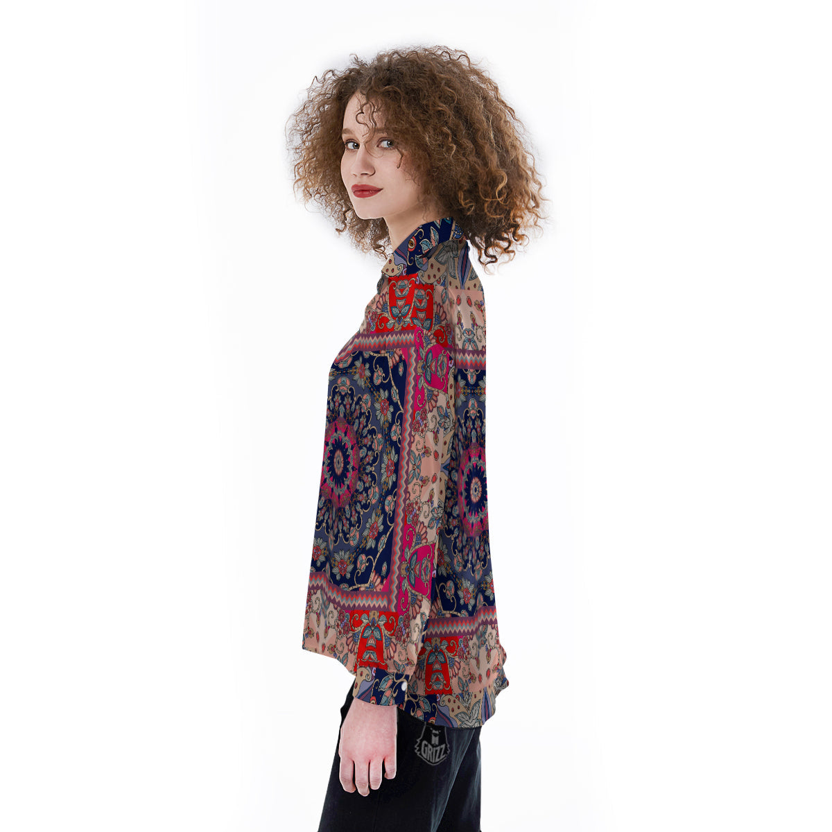 Ethnic Patchwork Square Print Women's Long Sleeve Shirts-grizzshop