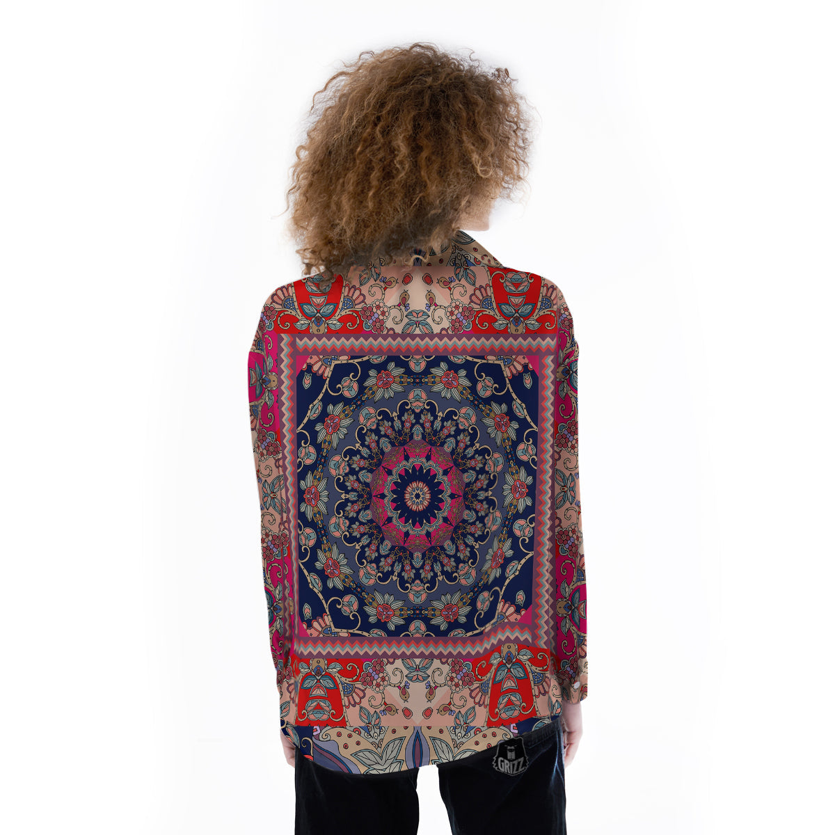 Ethnic Patchwork Square Print Women's Long Sleeve Shirts-grizzshop