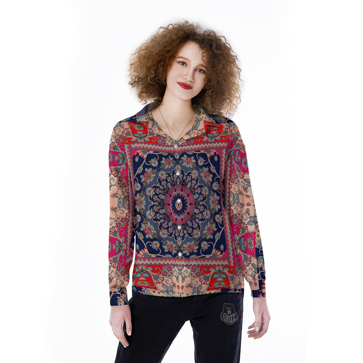 Ethnic Patchwork Square Print Women's Long Sleeve Shirts-grizzshop
