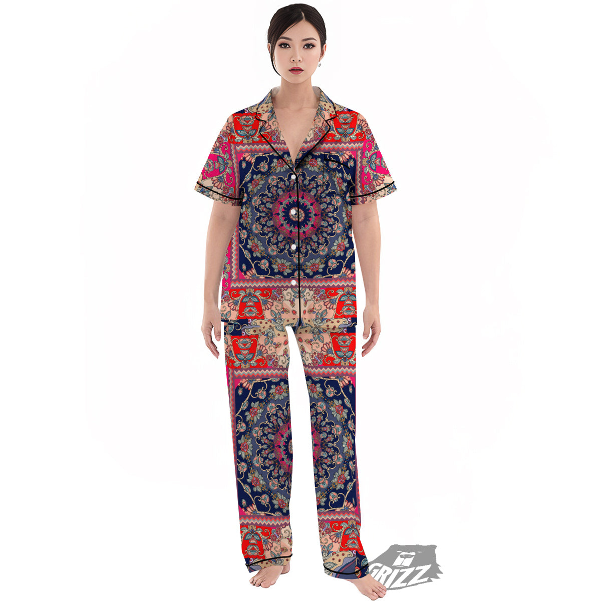 Ethnic Patchwork Square Print Women's Pajamas Set-grizzshop