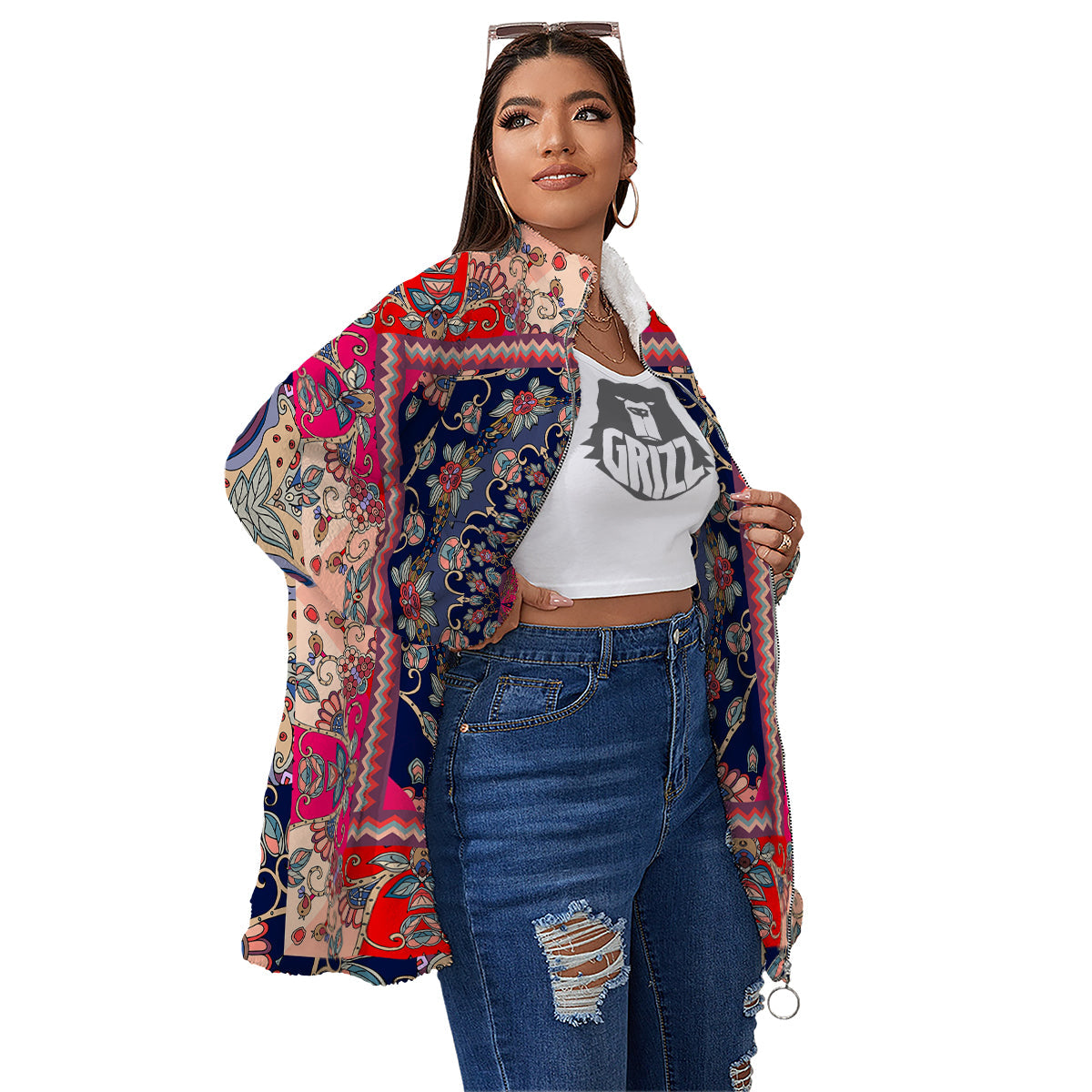 Ethnic Patchwork Square Print Women's Sherpa Jacket-grizzshop