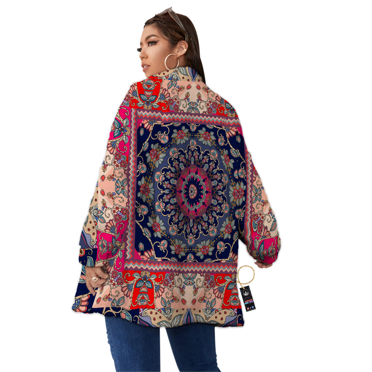 Ethnic Patchwork Square Print Women's Sherpa Jacket-grizzshop