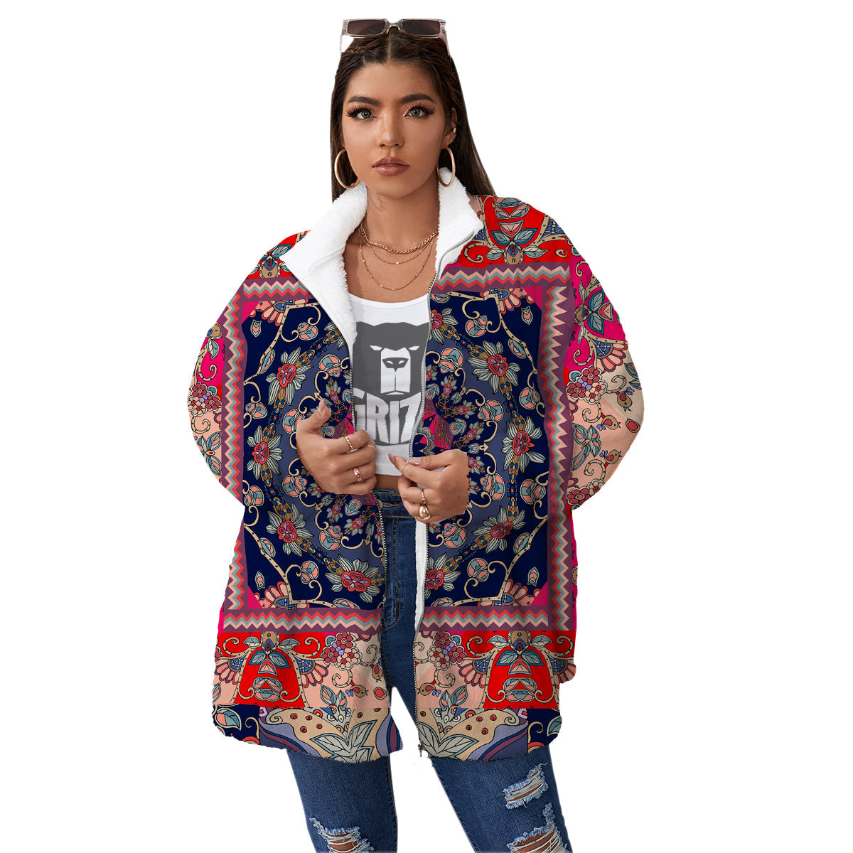 Ethnic Patchwork Square Print Women's Sherpa Jacket-grizzshop