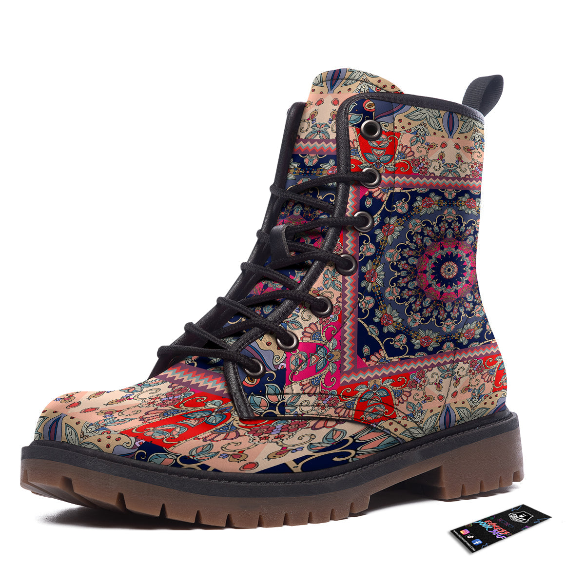 Ethnic Patchwork Square Print Work Boots-grizzshop