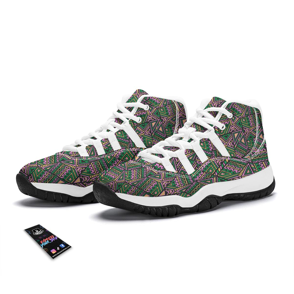 Ethnic Pink Print Pattern White Bball Shoes-grizzshop