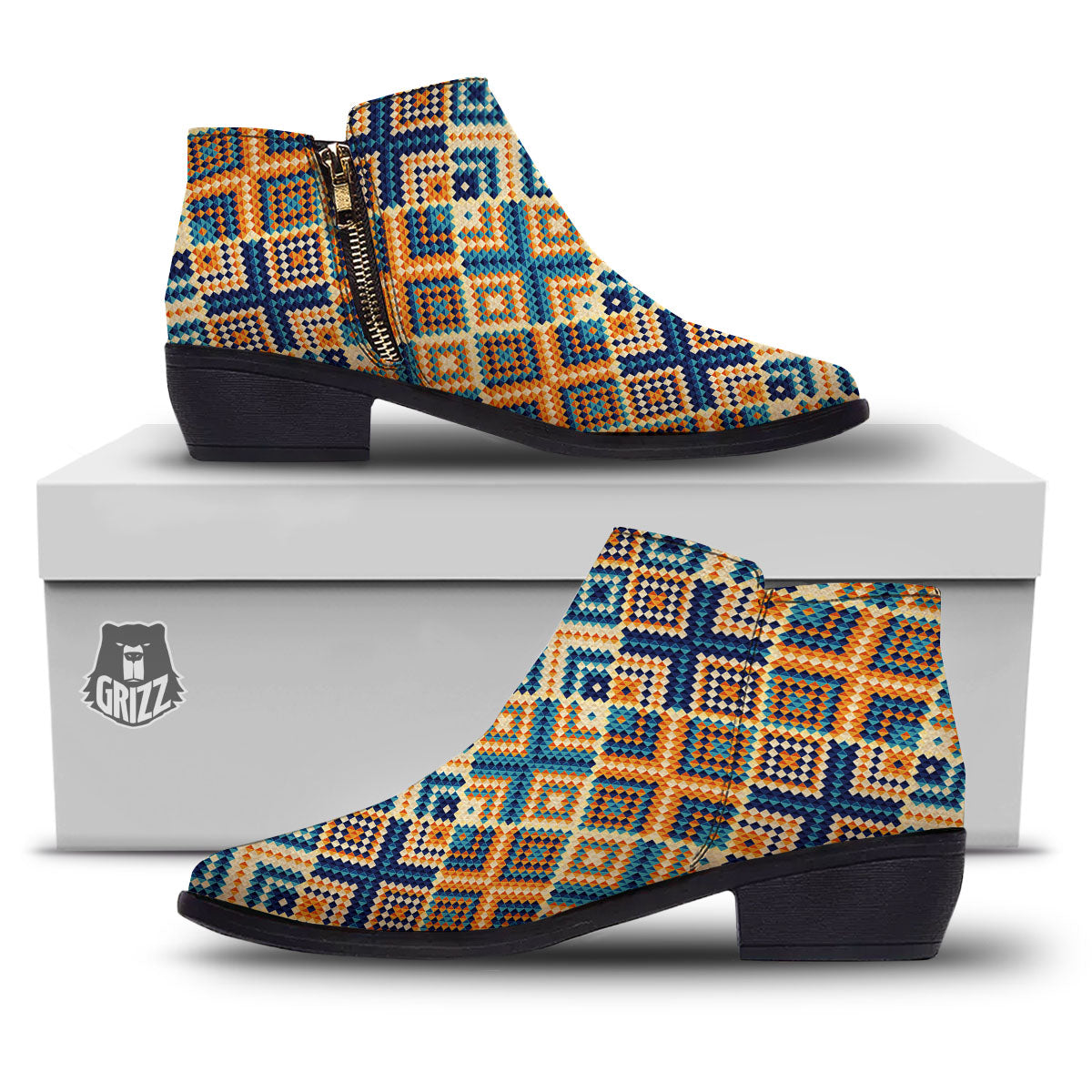 Ethnic Pixel Print Pattern Ankle Boots-grizzshop