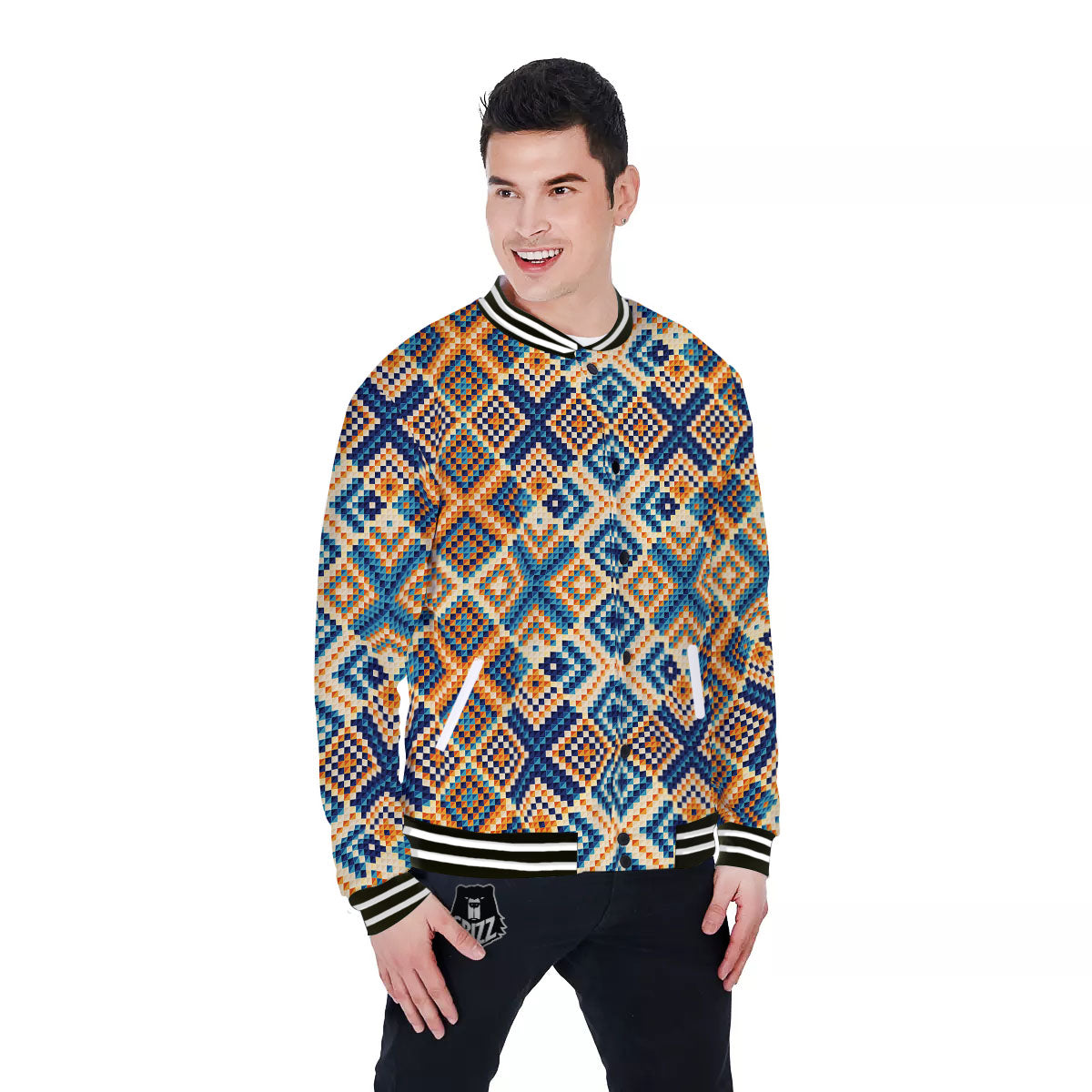 Ethnic Pixel Print Pattern Baseball Jacket-grizzshop