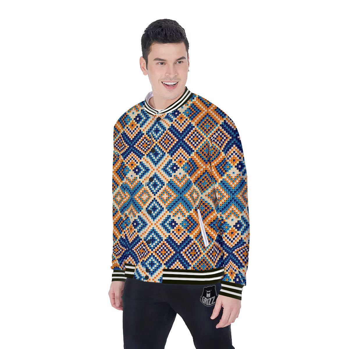 Ethnic Pixel Print Pattern Baseball Jacket-grizzshop
