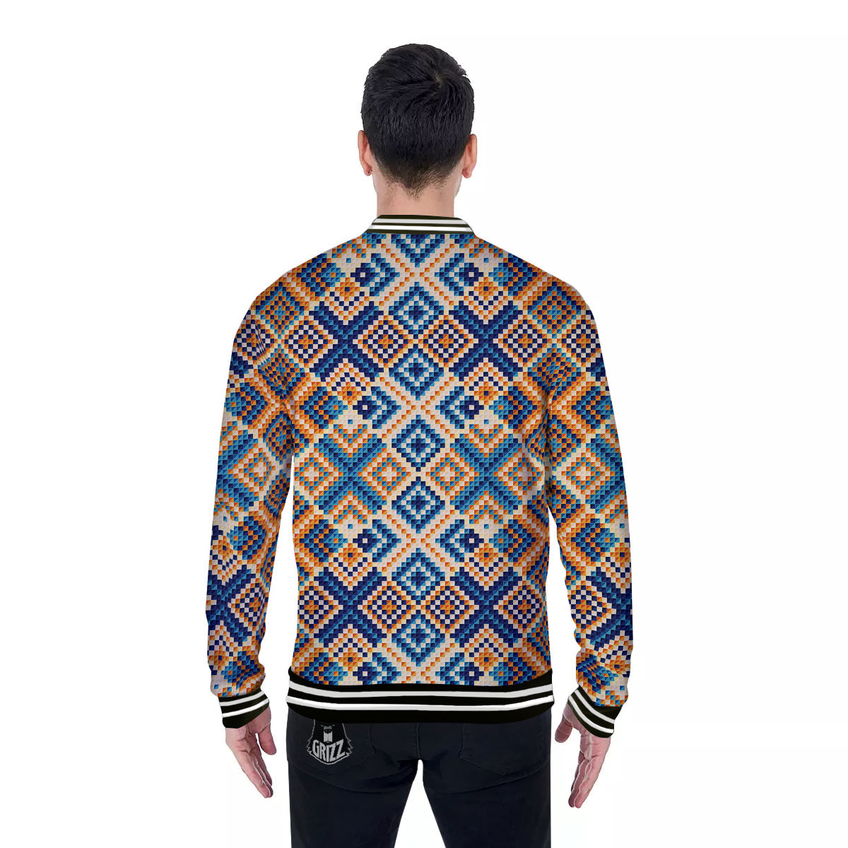 Ethnic Pixel Print Pattern Baseball Jacket-grizzshop