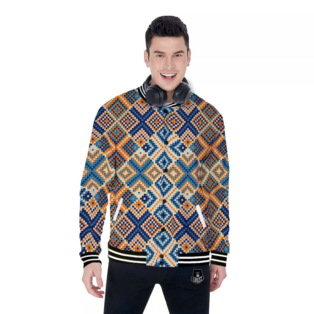 Ethnic Pixel Print Pattern Baseball Jacket-grizzshop