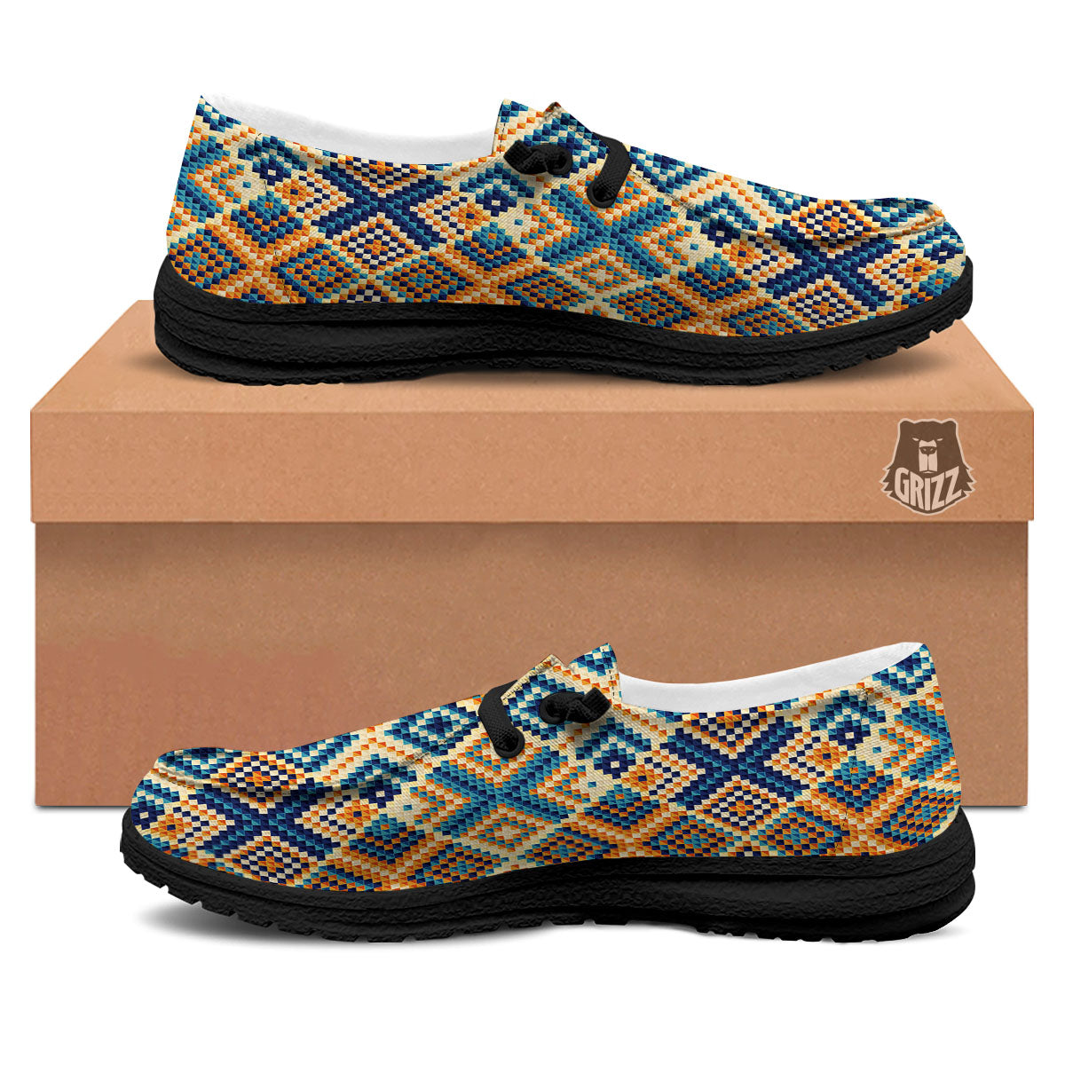 Ethnic Pixel Print Pattern Black Loafers-grizzshop