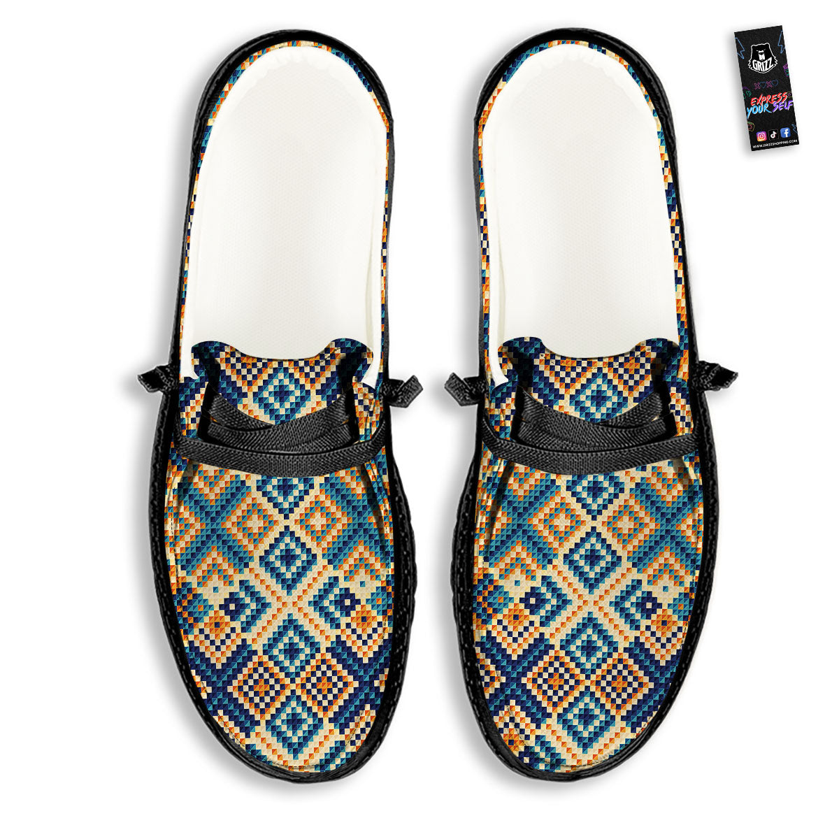 Ethnic Pixel Print Pattern Black Loafers-grizzshop