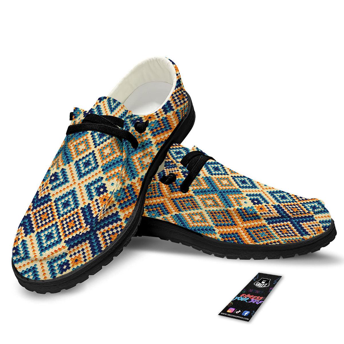 Ethnic Pixel Print Pattern Black Loafers-grizzshop