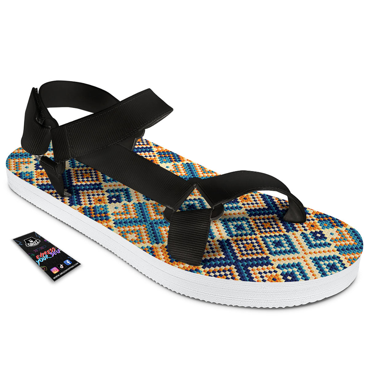 Ethnic Pixel Print Pattern Black Open Toe Sandals-grizzshop
