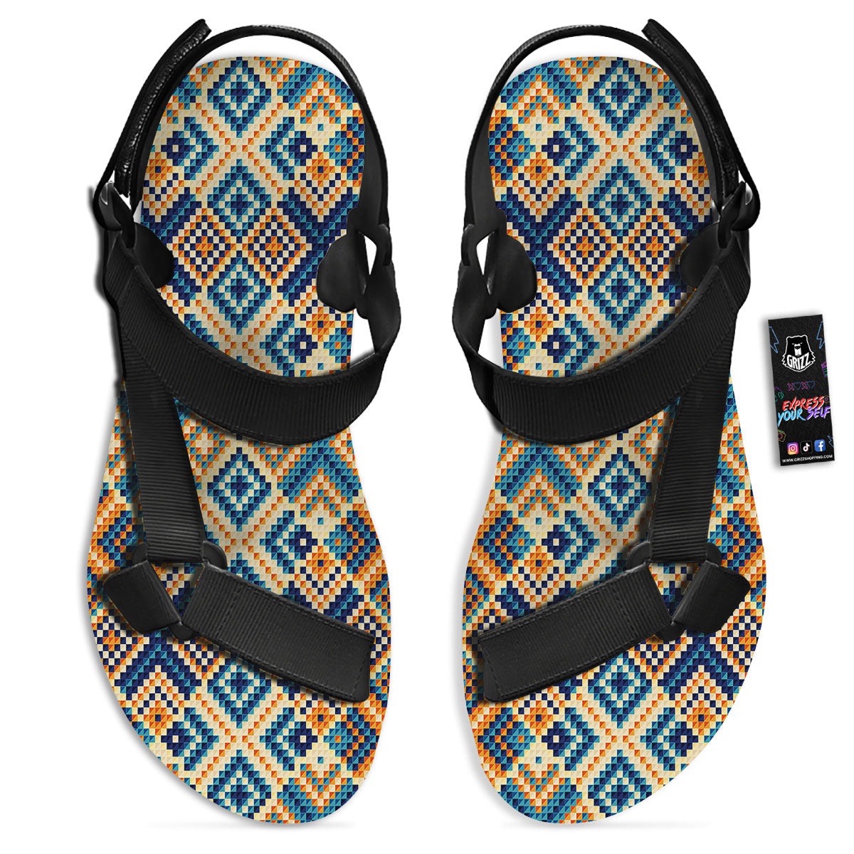 Ethnic Pixel Print Pattern Black Open Toe Sandals-grizzshop