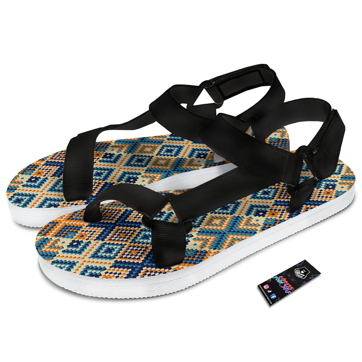 Ethnic Pixel Print Pattern Black Open Toe Sandals-grizzshop