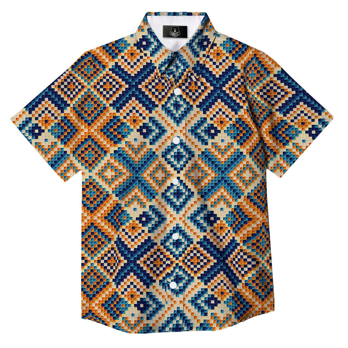 Ethnic Pixel Print Pattern Button Up Shirt-grizzshop