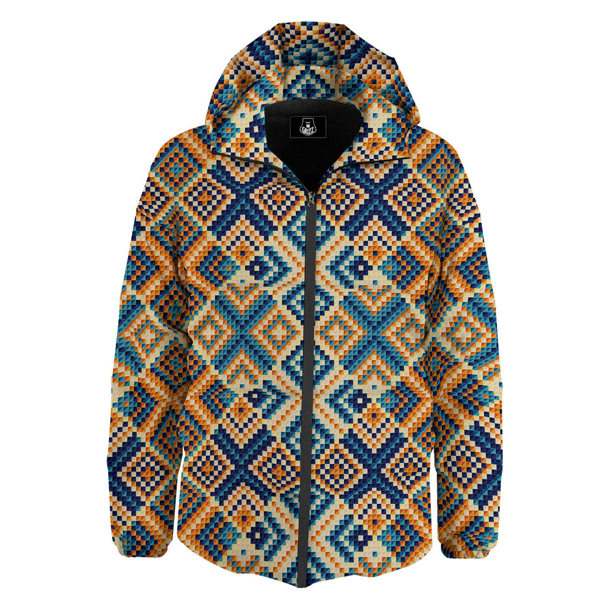 Ethnic Pixel Print Pattern Down Jacket-grizzshop