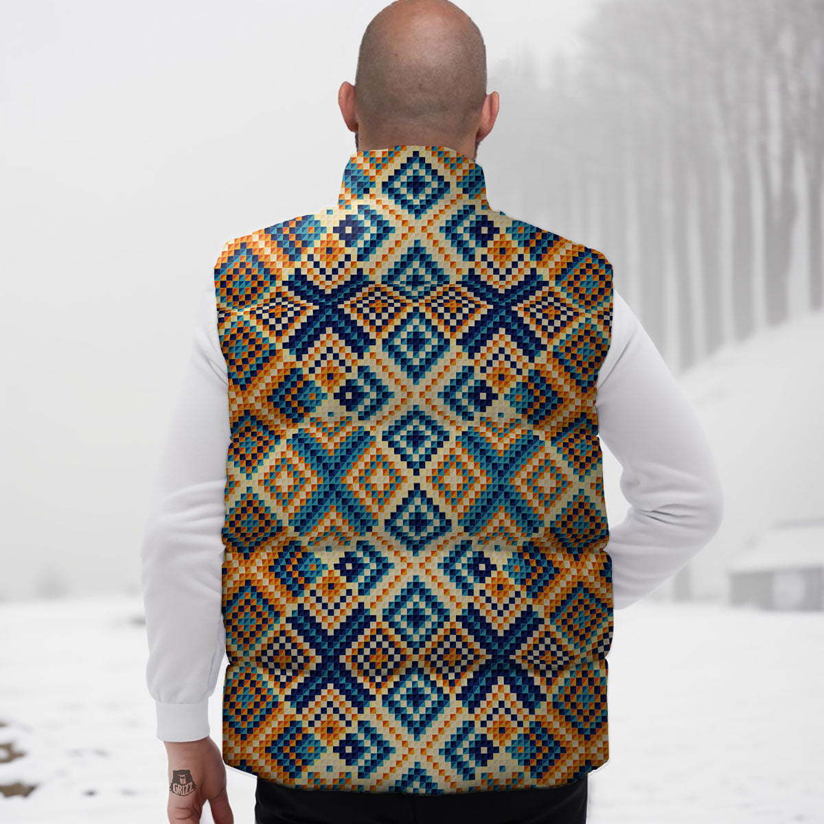 Ethnic Pixel Print Pattern Down Vest