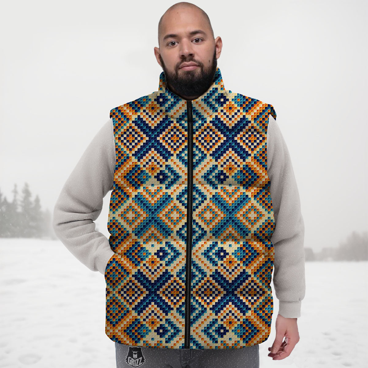 Ethnic Pixel Print Pattern Down Vest