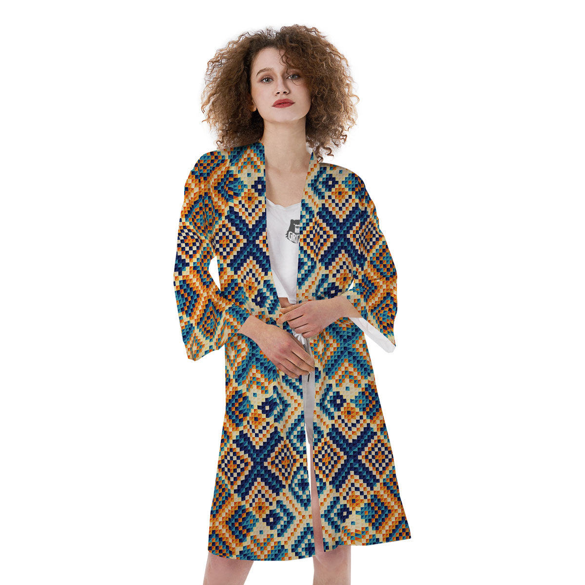 Ethnic Pixel Print Pattern Kimono-grizzshop