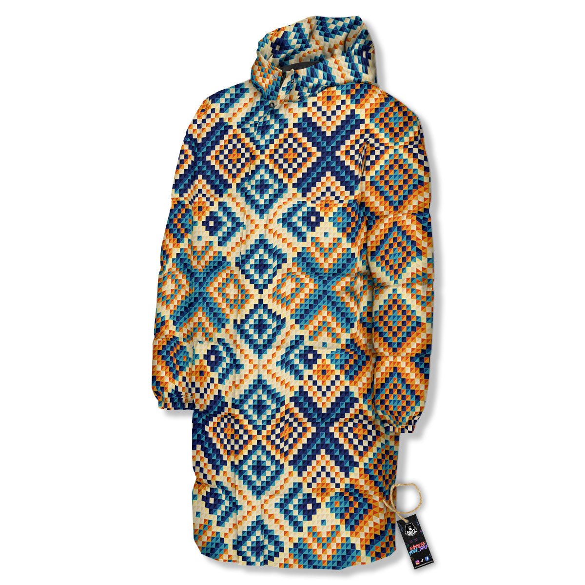 Ethnic Pixel Print Pattern Long Down Jacket-grizzshop