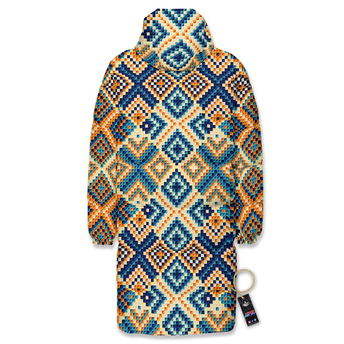 Ethnic Pixel Print Pattern Long Down Jacket-grizzshop