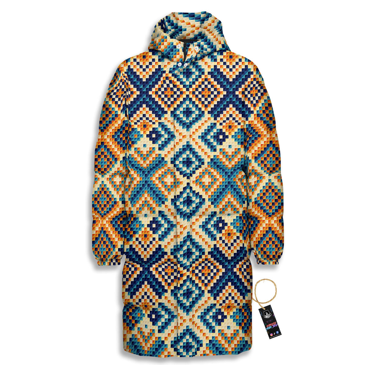 Ethnic Pixel Print Pattern Long Down Jacket-grizzshop