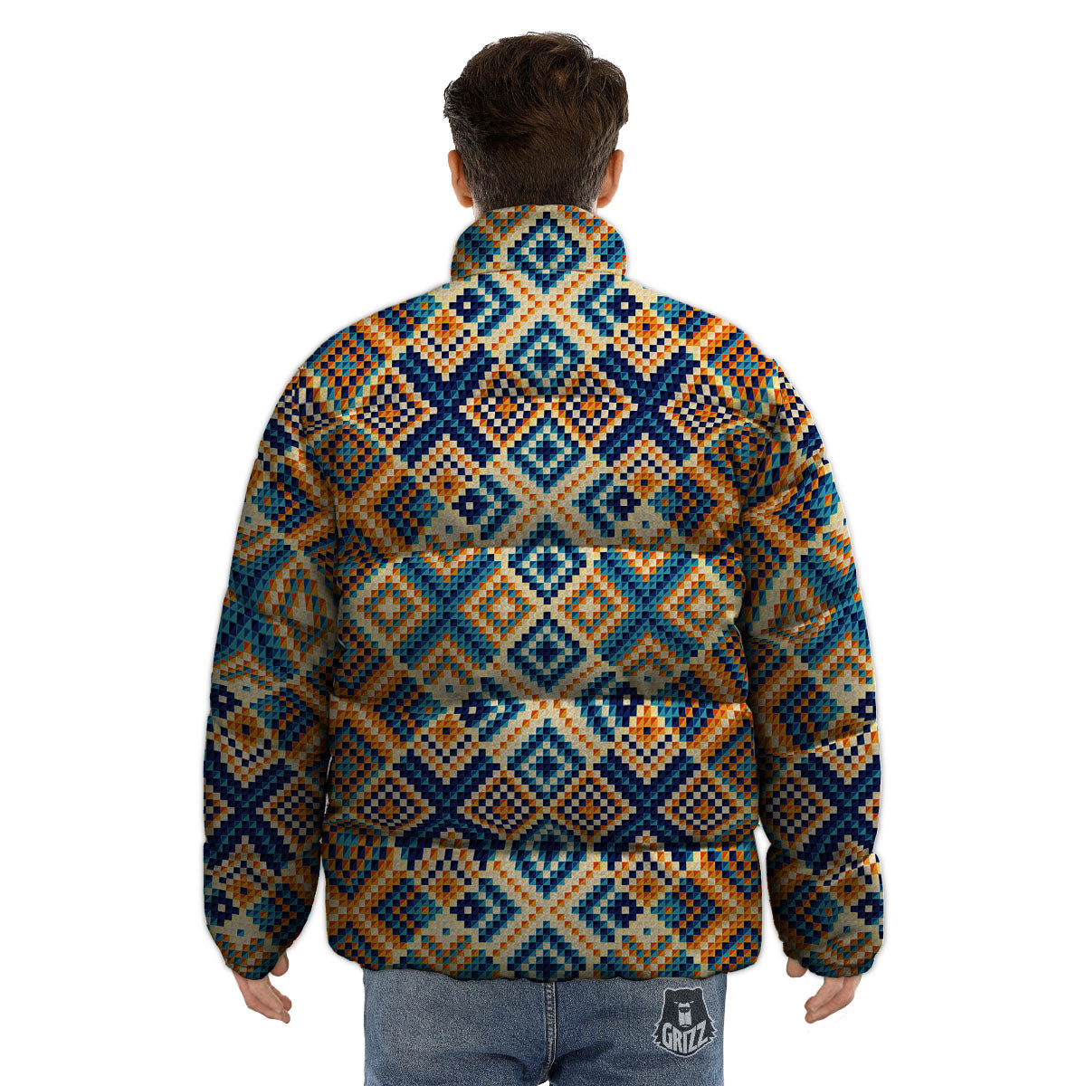 Ethnic Pixel Print Pattern Puffer Jacket-grizzshop