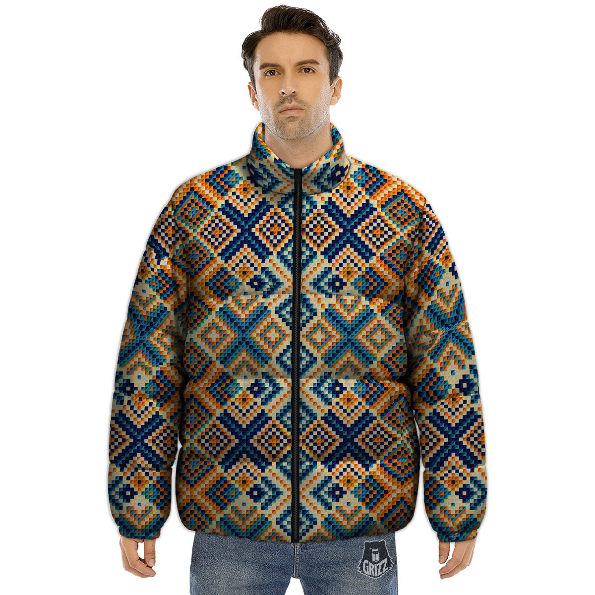 Ethnic Pixel Print Pattern Puffer Jacket-grizzshop