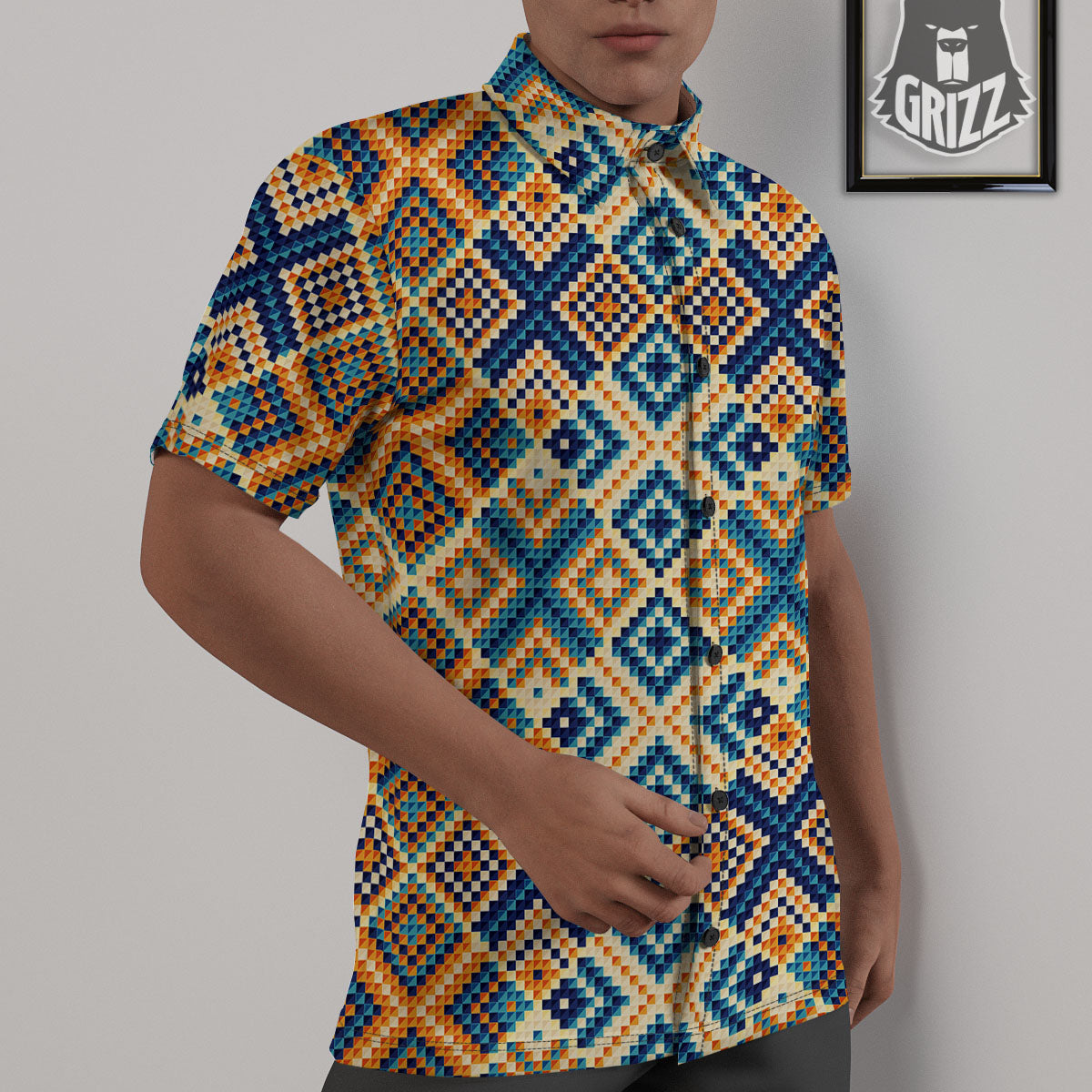 Ethnic Pixel Print Pattern Untucked Shirts-grizzshop
