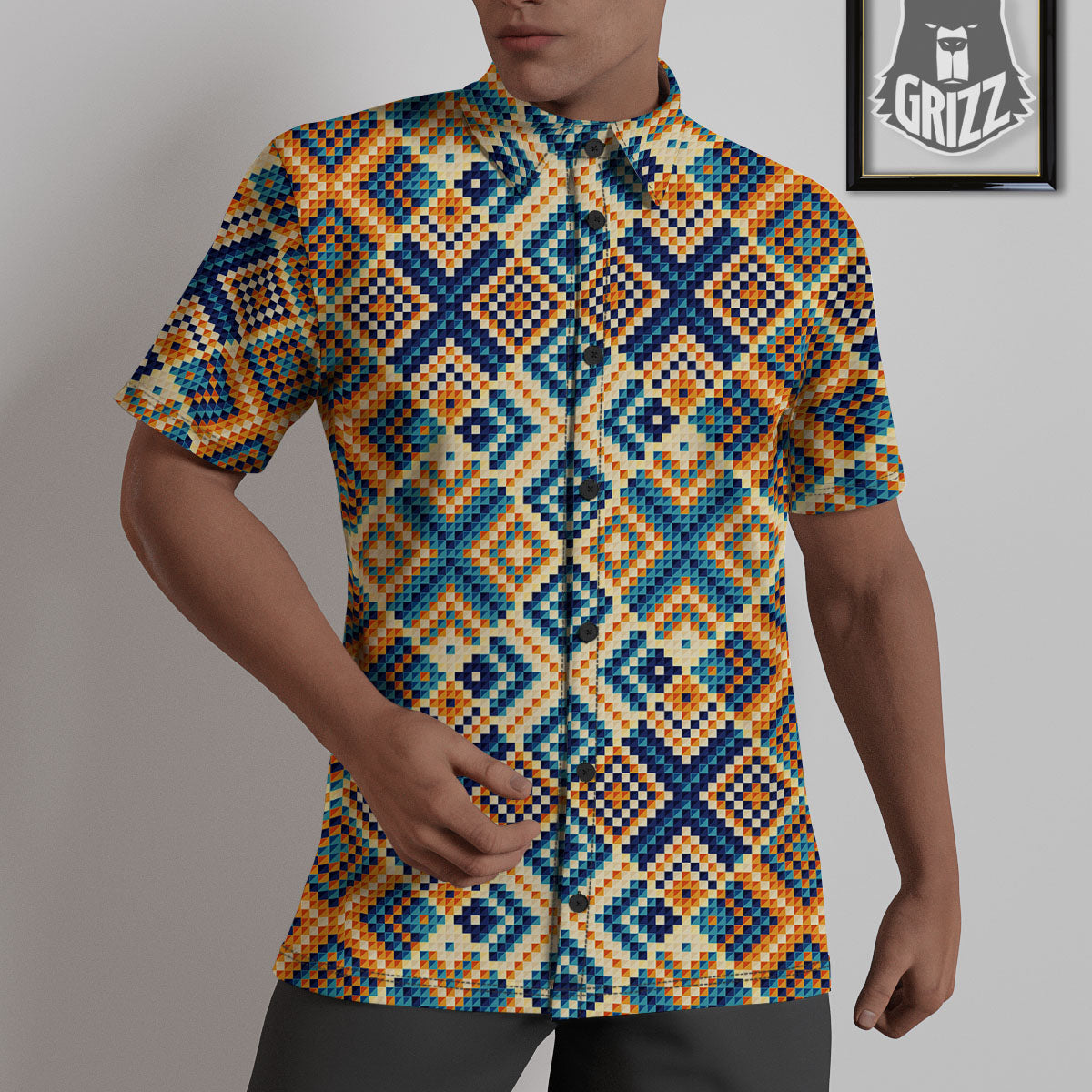 Ethnic Pixel Print Pattern Untucked Shirts-grizzshop