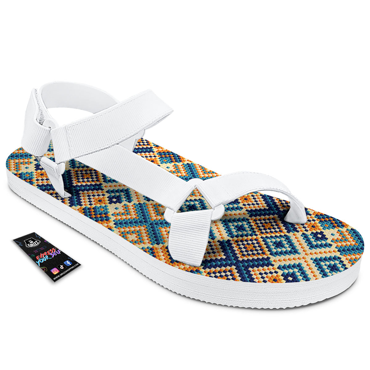 Ethnic Pixel Print Pattern White Open Toe Sandals-grizzshop
