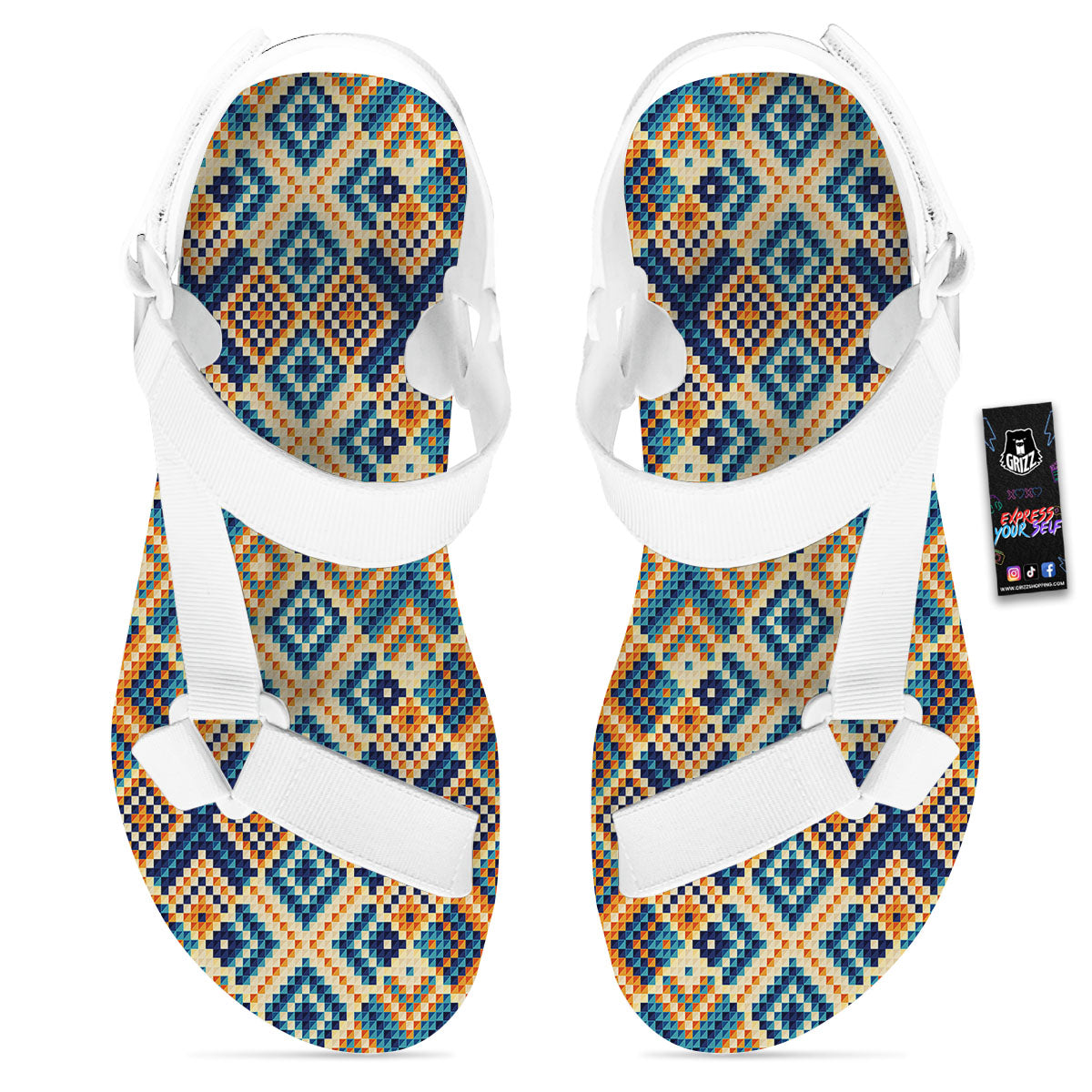 Ethnic Pixel Print Pattern White Open Toe Sandals-grizzshop