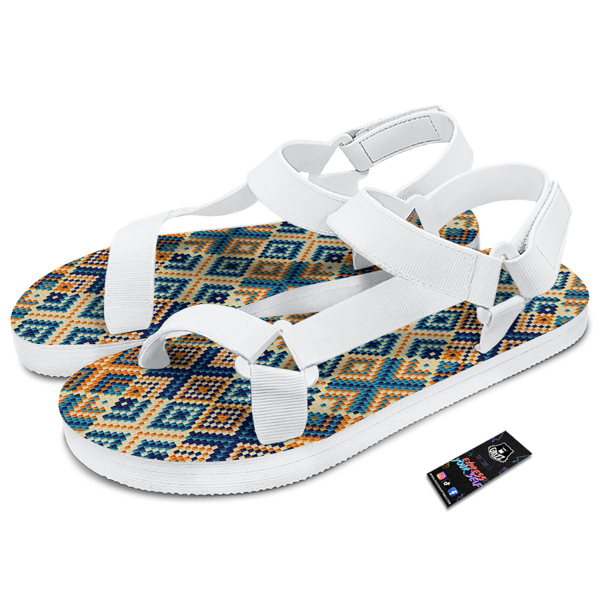 Ethnic Pixel Print Pattern White Open Toe Sandals-grizzshop