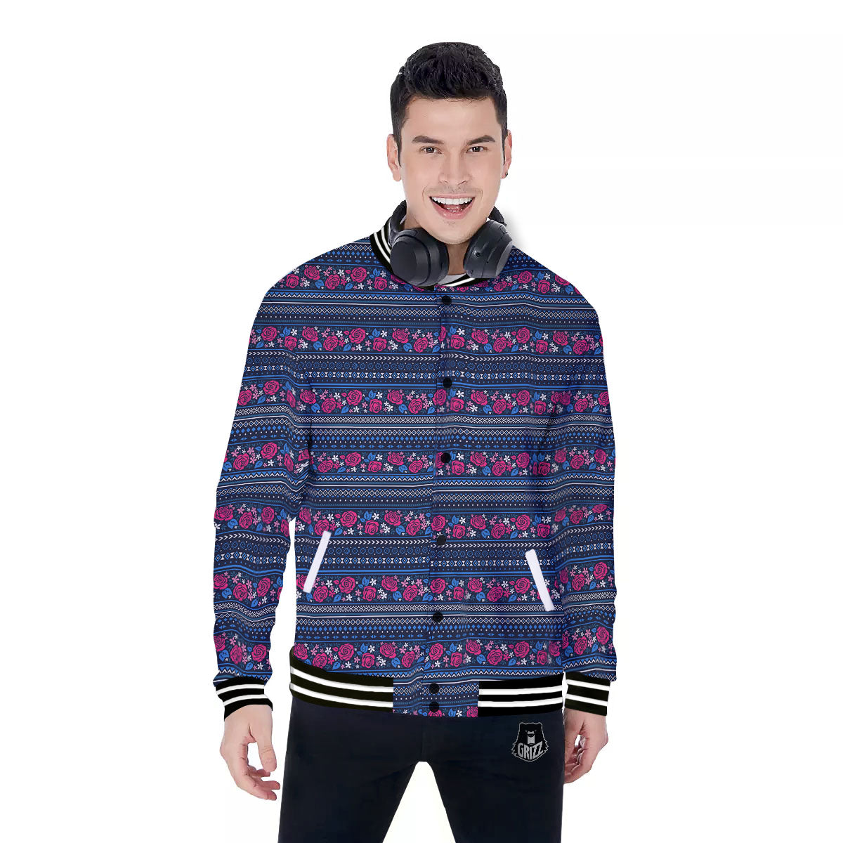 Ethnic Rose Native Tribal Print Pattern Baseball Jacket-grizzshop