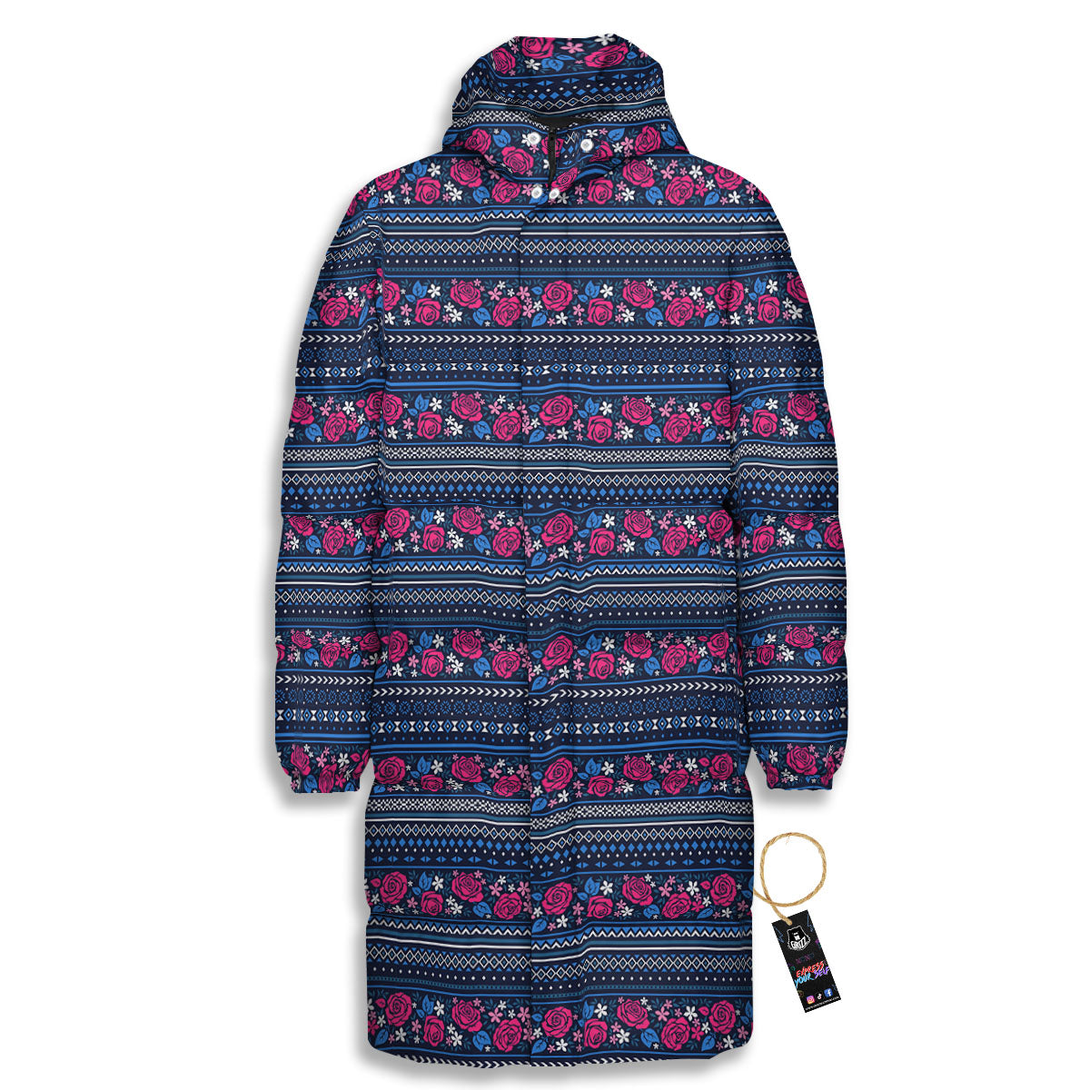 Ethnic Rose Native Tribal Print Pattern Long Down Jacket-grizzshop